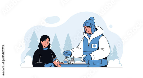 Medical Professional Administering Treatment in Snowy Outdoor Setting