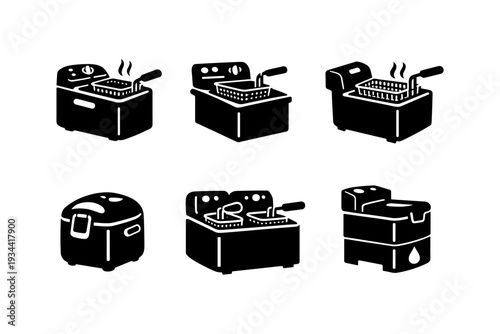 Collection of black and white icons representing various deep fryers and kitchen appliances