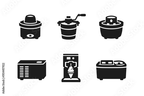 Collection of diverse ice cream maker icons in a clean, modern silhouette style