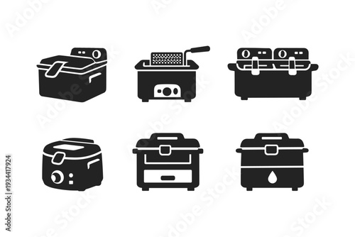 Collection of black icons representing various kitchen appliances for cooking and frying