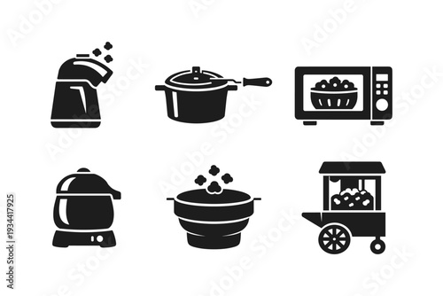 Collection of six black icons representing different popcorn making machines and methods