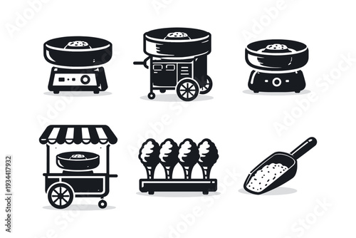 Collection of stylized icons representing cotton candy machines and treats