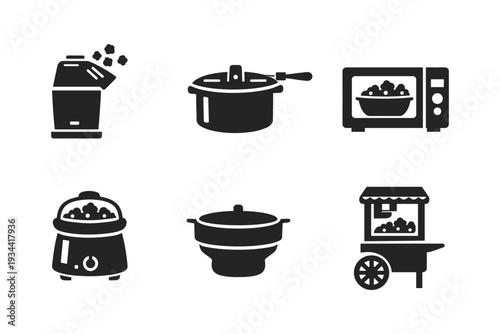 Collection of six different popcorn maker icons in a grid layout