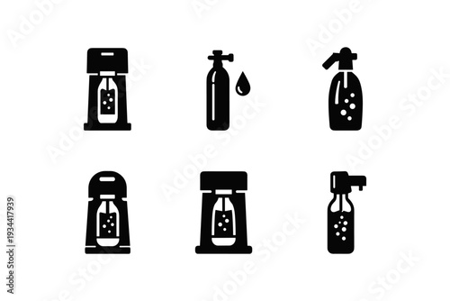Set of icons representing carbonation machines and soda makers with bottles