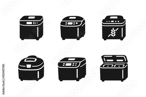 Collection of black icons representing different types of bread makers and kitchen appliances