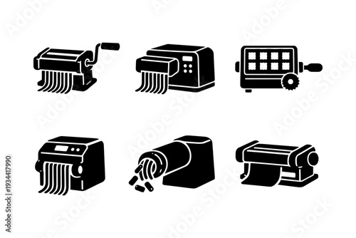 Variety of printing machines and devices in black silhouette style