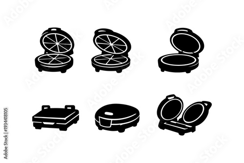 Collection of diverse waffle makers and sandwich presses in a simple black and white icon style