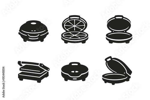 Collection of black and white icons representing various kitchen appliances for cooking and grilling
