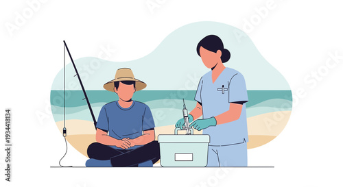 Medical Professional Administers Injection to Man Fishing on Beach