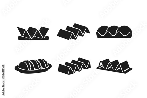 Collection of stylized taco holders and tacos in black and white vector icons