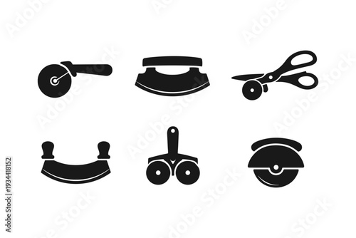 Collection of kitchen cutting tools icons including pizza cutter, mezzaluna, and scissors