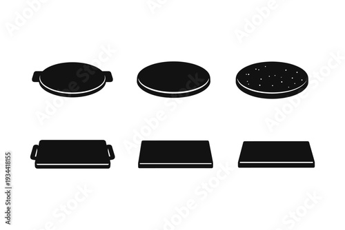 Collection of black silhouettes of pizza stones and baking sheets on a white background