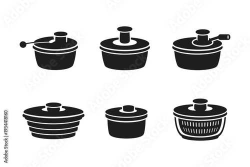 Collection of six black and white salad spinner icons with different designs and mechanisms
