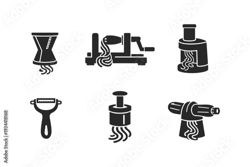 Collection of kitchen gadgets for spiralizing vegetables and peeling produce