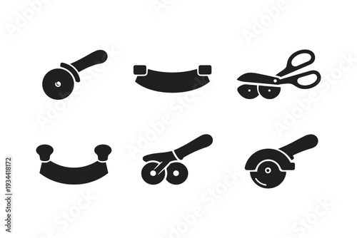 Collection of kitchen cutting tools icons including pizza cutters, mezzaluna, and scissors