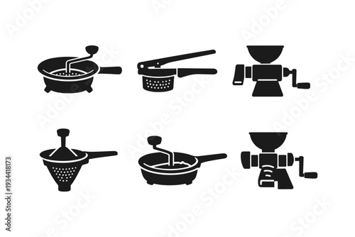 Collection of kitchen tools for food preparation, including food mills and graters