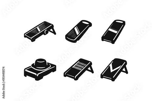 Collection of six different black and white mandoline slicer and grater icons