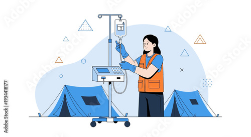 Medical Professional Administers IV Drip in Field Hospital Tents