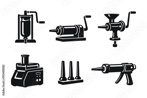 Collection of black icons representing kitchen and food processing equipment