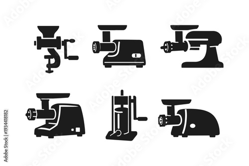 Collection of six black and white icons representing different types of meat grinders