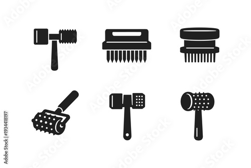 Collection of kitchen meat tenderizer tools and mallets in silhouette style