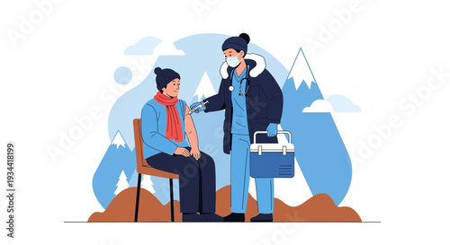 Medical Professional Administers Vaccine in Winter Mountain Setting