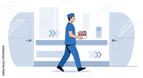 Medical professional carrying test tubes in modern clinic hallway