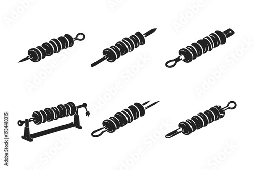 Collection of six black and white illustrations of meat skewers and a rotisserie spit