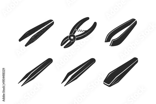 Set of six stylish black tweezers in various designs for precision tasks