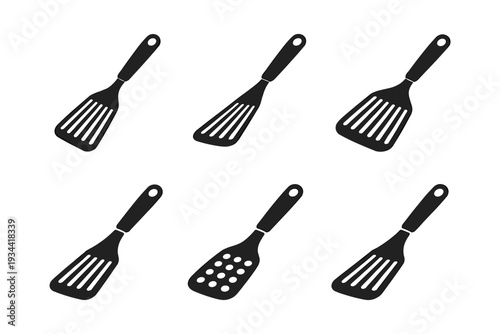 Collection of six different black spatula icons on a white background