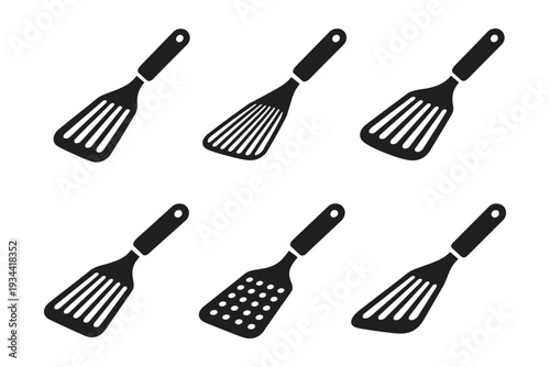 Collection of six different black slotted spatula icons on a white background