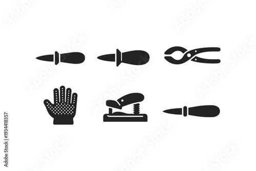Collection of six simple black icons representing tools and safety equipment on a white background