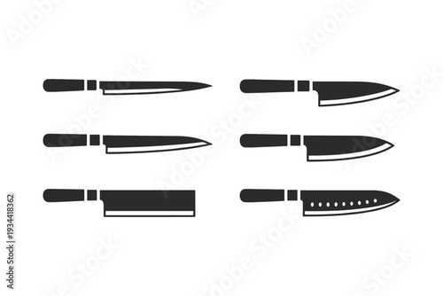 Collection of six different kitchen knife silhouettes on a white background