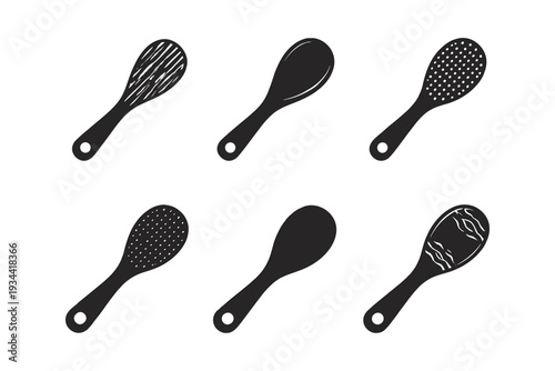 Collection of six stylized black spoons with different textured heads on a white background