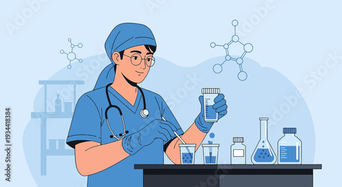 Medical Professional Conducting Laboratory Test with Scientific Molecules Background