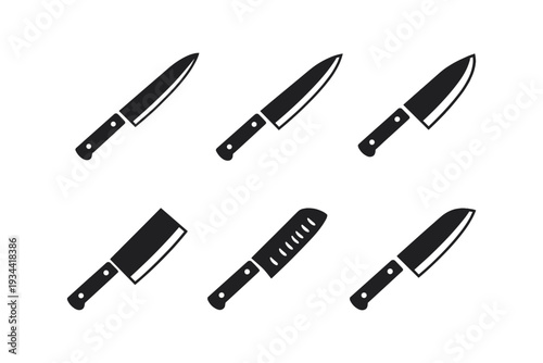 Collection of six different kitchen knives and chef's tools in a clean vector illustration
