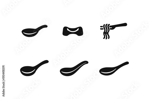 Collection of Asian food icons including spoons and noodles on a fork