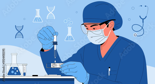 Medical Professional Conducting Laboratory Test with DNA and Flasks Background