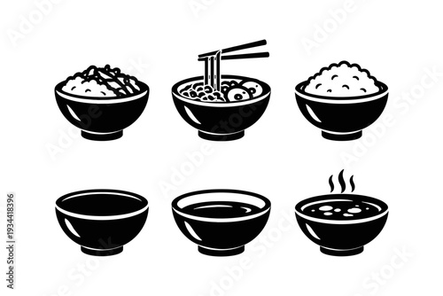 Collection of six black and white icons representing different bowls of food and liquids