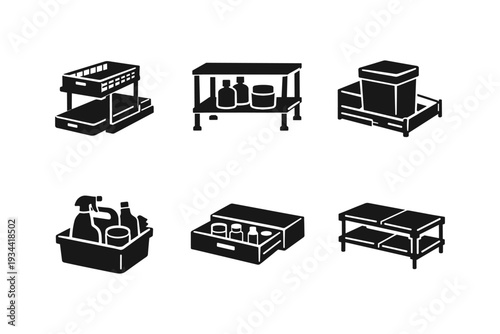 Collection of black and white icons representing various home organization and storage solutions