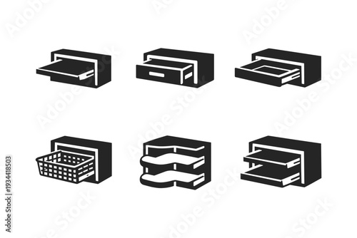 Set of six icons representing different types of drawers and storage solutions