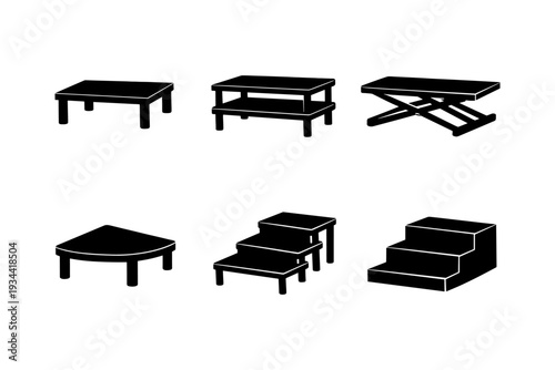 Collection of black silhouette furniture icons including tables and tiered stands