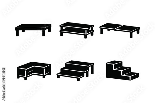 Collection of black furniture icons including tables, shelves, and stairs on a white background