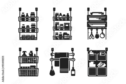 Collection of six different hanging storage organizers for home organization