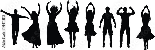 Group of dancing people silhouettes in dynamic poses isolated black vector illustration representing celebration, party, music, energy, movement and joyful human activity