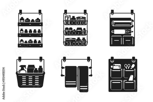 Set of six different hanging storage organizers for home organization and decluttering