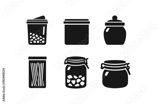 Vector illustration of various kitchen jars and containers in silhouette style