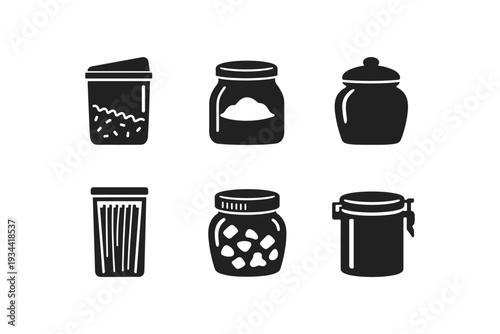 Collection of six black and white icons representing various containers and jars