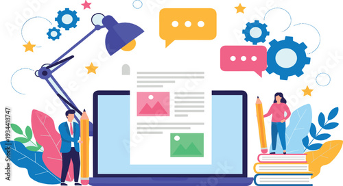 Creative Content Creation Concept with Laptop, Social Media Chat Bubbles, Gears and Team Collaboration Vector Illustration