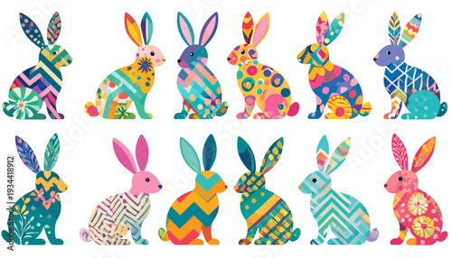 Colorful patterned Easter bunnies collection vibrant spring animal art design
